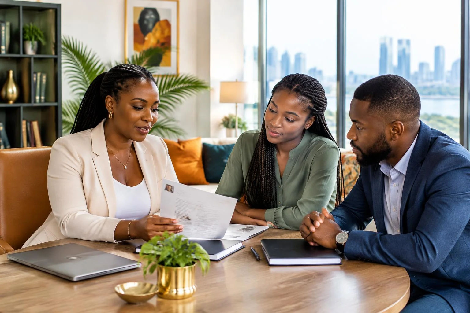 Illustrative career coaching session with Black Nigerian professionals reviewing a CV